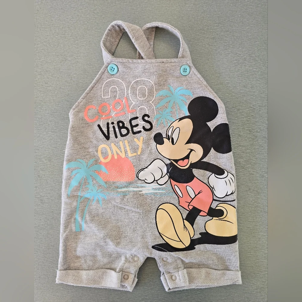 Disney Baby Mickey Mouse Gray Romper 12M Cool Vibes Only Summer Outfit